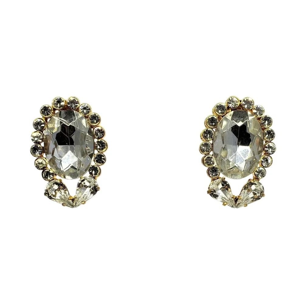 Large Clip On Earrings Toni Laura Gold Tone Rhinestone Italian Designer Vtg‎ 80s